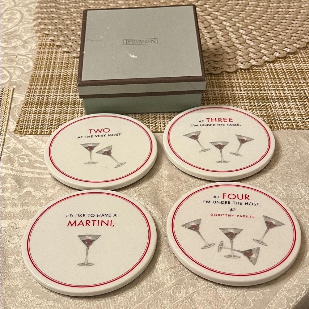 Restoration Hardware White and Red Martini Coaster Set Dorothy Parker